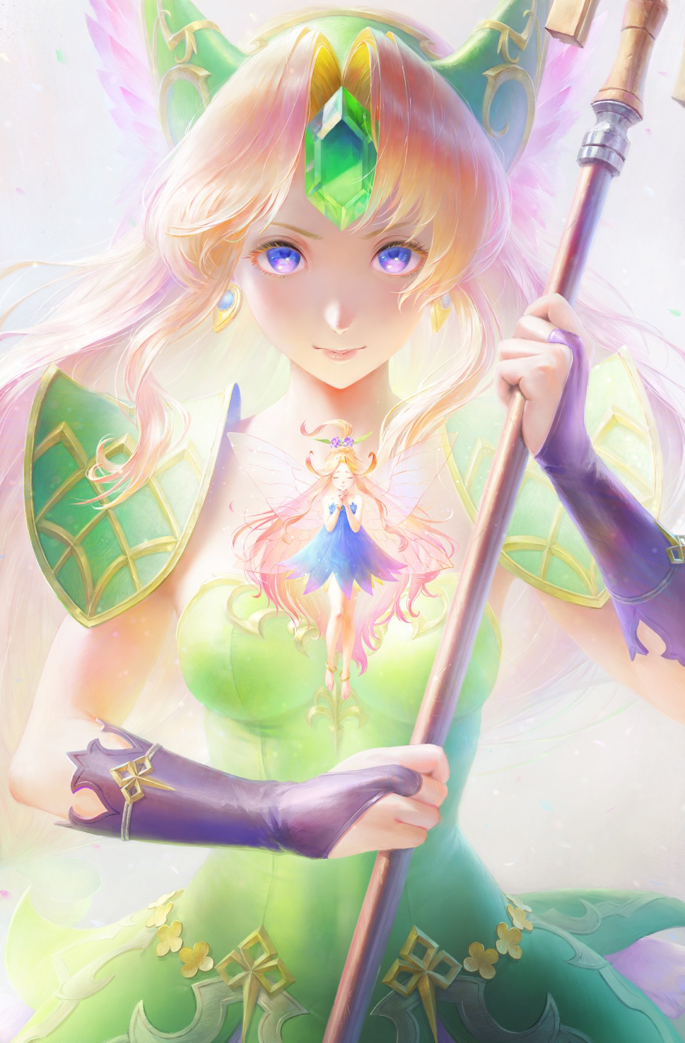 2girls, bare_legs, barefoot, blonde_hair, breasts, closed_eyes, elbow_gloves, elf, faerie_(seiken_densetsu_3), fingerless_gloves, floating, gloves, green_skirt, hairband, highres, holding, holding_staff, jewelry, long_hair, looking_at_viewer, multiple_girls, nababa, pointy_ears, praying, riesz, seiken_densetsu, seiken_densetsu_3, skirt, smile, staff, violet_eyes