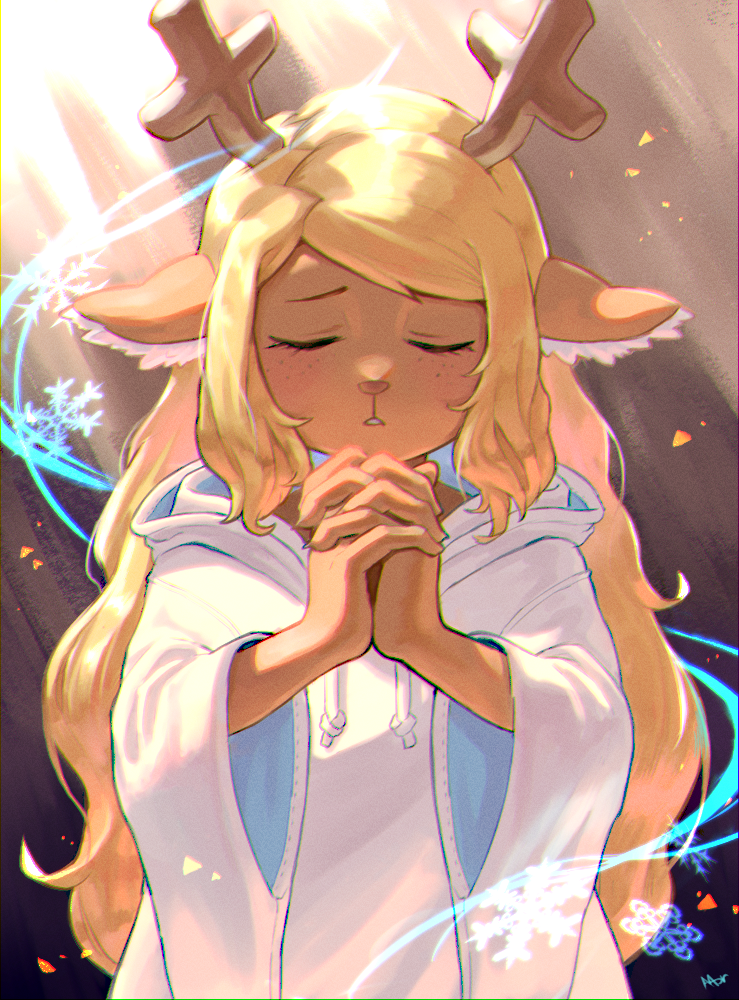 1girl, amber_graygamma, animal_ears, antlers, blonde_hair, closed_eyes, deer_ears, deer_girl