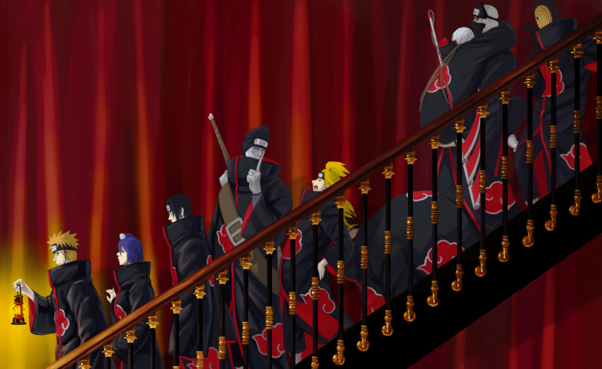 1girl, 6+boys, absurdres, akatsuki_(naruto), akatsuki_uniform, bangs, black_hair, blonde_hair