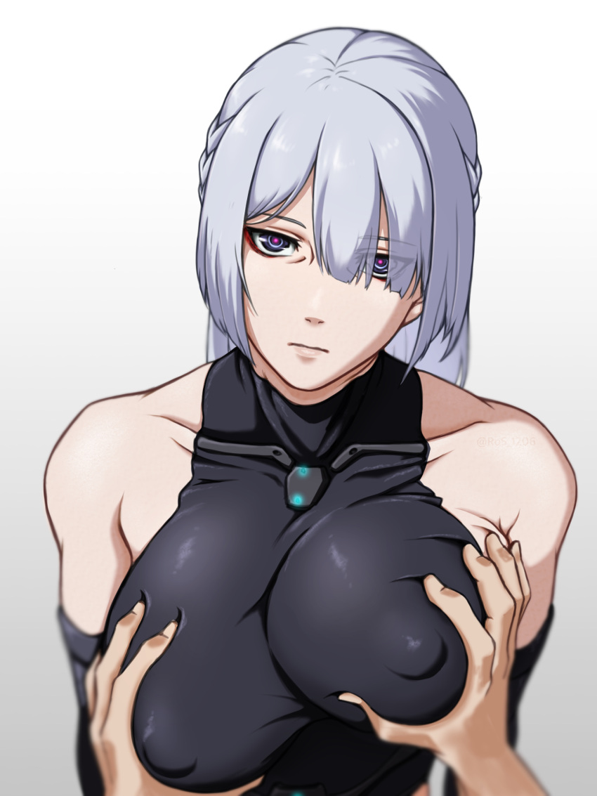 1boy, 1girl, ak-15_(girls'_frontline), bangs, bare_shoulders, braid, breasts, closed_mouth