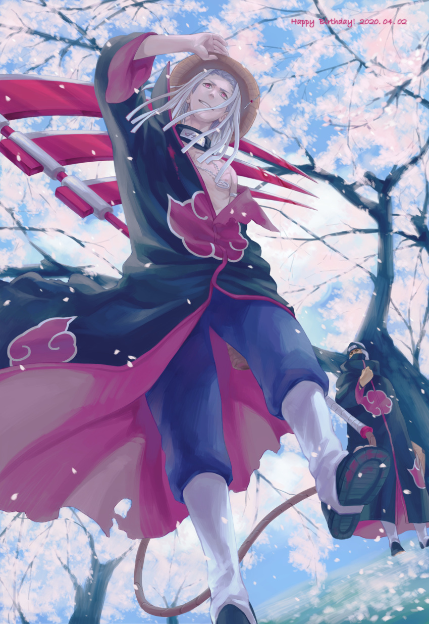 2boys, absurdres, akatsuki_(naruto), akatsuki_uniform, blue_sky, cherry_blossoms, dark-skinned_male, dark_skin