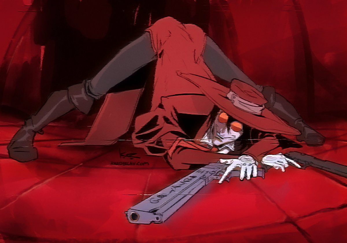 1boy, alucard_(hellsing), black_hair, boots, brown_footwear, coattails, film_grain, gloves, gun, handgun, hat, hellsing, holding, holding_weapon, jack-o'_challenge, jacket, krad_eelav, male_focus, necktie, pistol, pose, red_headwear, red_jacket, red_neckwear, red_theme, round_eyewear, shirt, signature, smile, sunglasses, vampire, weapon, white_gloves, white_shirt