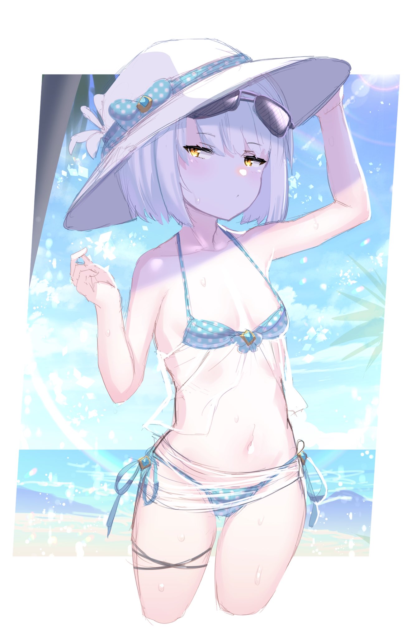 1girl, bare_arms, bare_shoulders, beach, bikini, blue_bikini, blush, bob_cut, border, bow, breasts, closed_mouth, cowboy_shot, cropped_legs, flower, hand_on_headwear, hand_up, hat, hat_bow, hat_flower, highres, looking_at_viewer, navel, ocean, sarong, sketch, small_breasts, solo, sun_hat, swimsuit, unizou, viprpg, white_border, white_hair, white_headwear, yellow_eyes