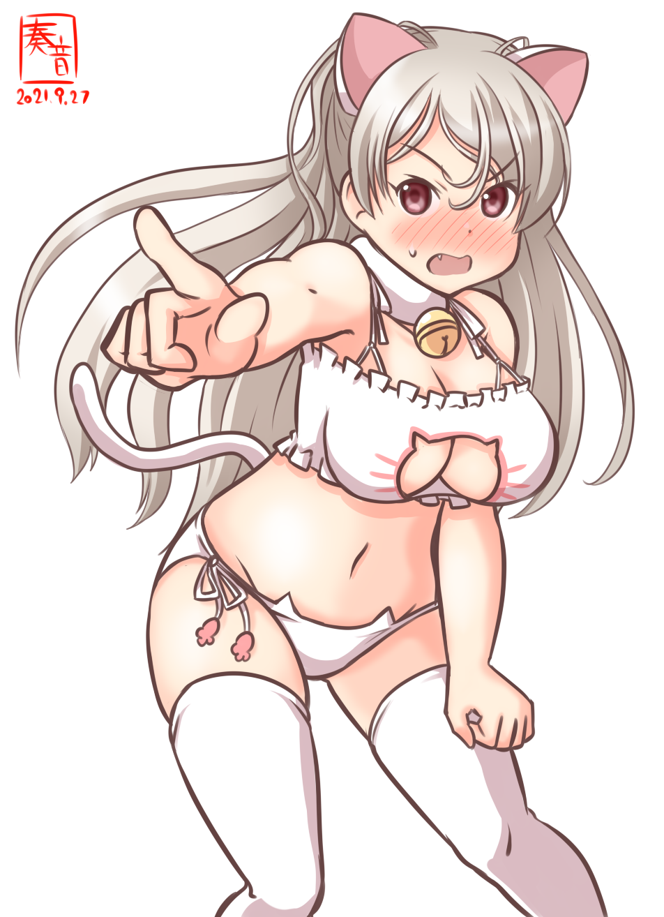 1girl, alternate_costume, angry, animal_ear_legwear, artist_logo, bell, bra, breasts