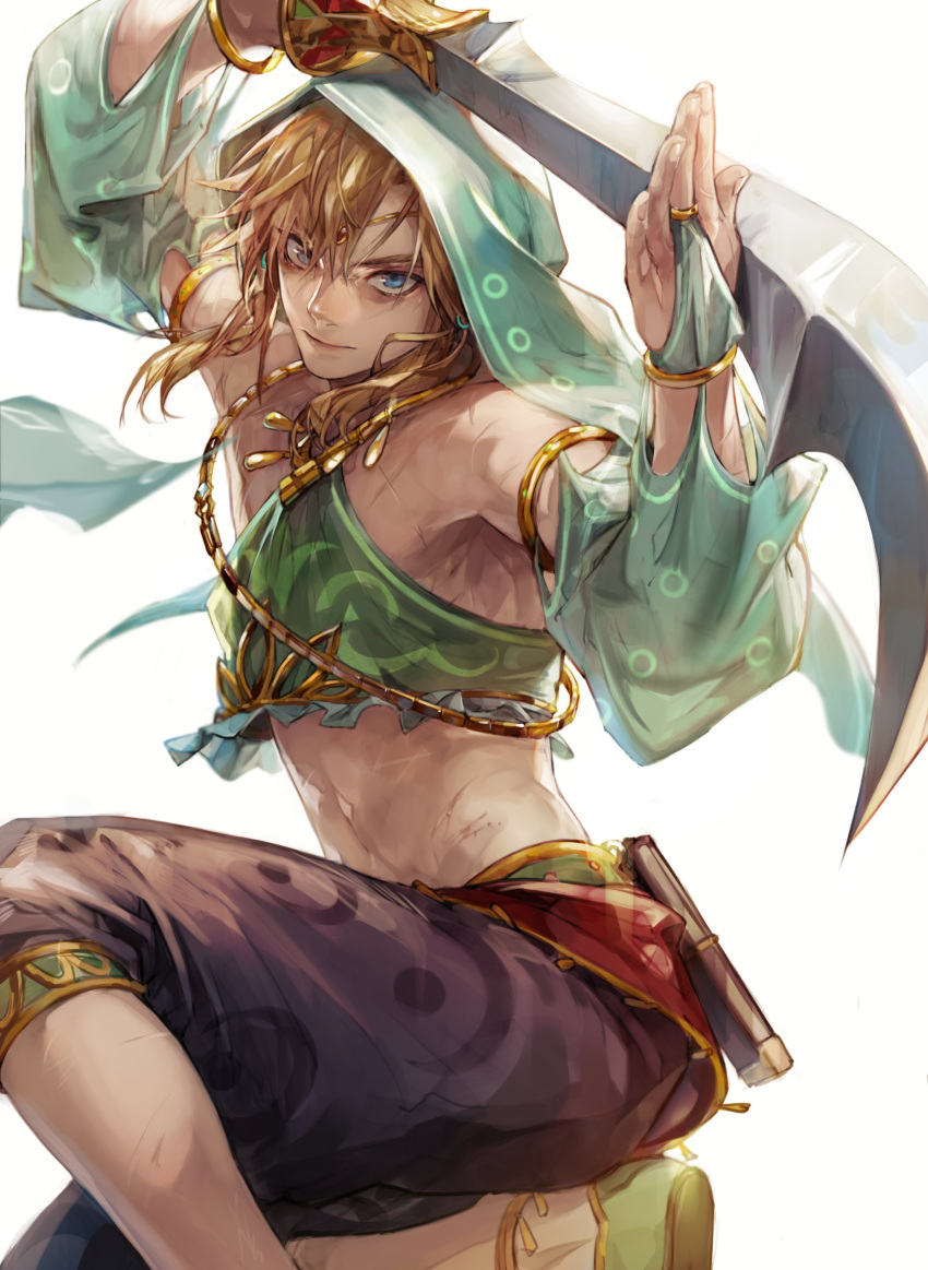 1boy, absurdres, armlet, blonde_hair, blue_eyes, gerudo_set_(zelda), haban_(haban35), highres