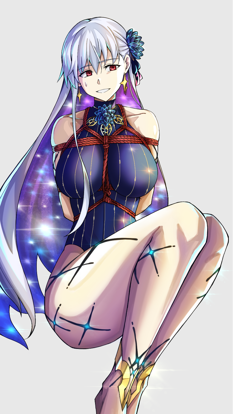 1girl, arms_behind_back, bangs, bare_shoulders, bdsm, blue_hair, blue_swimsuit, blush, body_markings, bondage, bound, breasts, earrings, fate/grand_order, fate_(series), flower, grin, hair_flower, hair_ornament, hair_ribbon, hao718, highleg, highleg_swimsuit, highres, jewelry, kama_(fate), kama_(swimsuit_avenger)_(fate), large_breasts, long_hair, looking_to_the_side, lotus, multicolored_hair, one-piece_swimsuit, red_eyes, restrained, ribbon, rope, shibari, silver_hair, smile, solo, star_(symbol), star_earrings, swimsuit, two-tone_hair