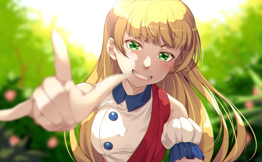 1girl, \m/, bangs, blonde_hair, breasts, bush, commentary, eyebrows_visible_through_hair