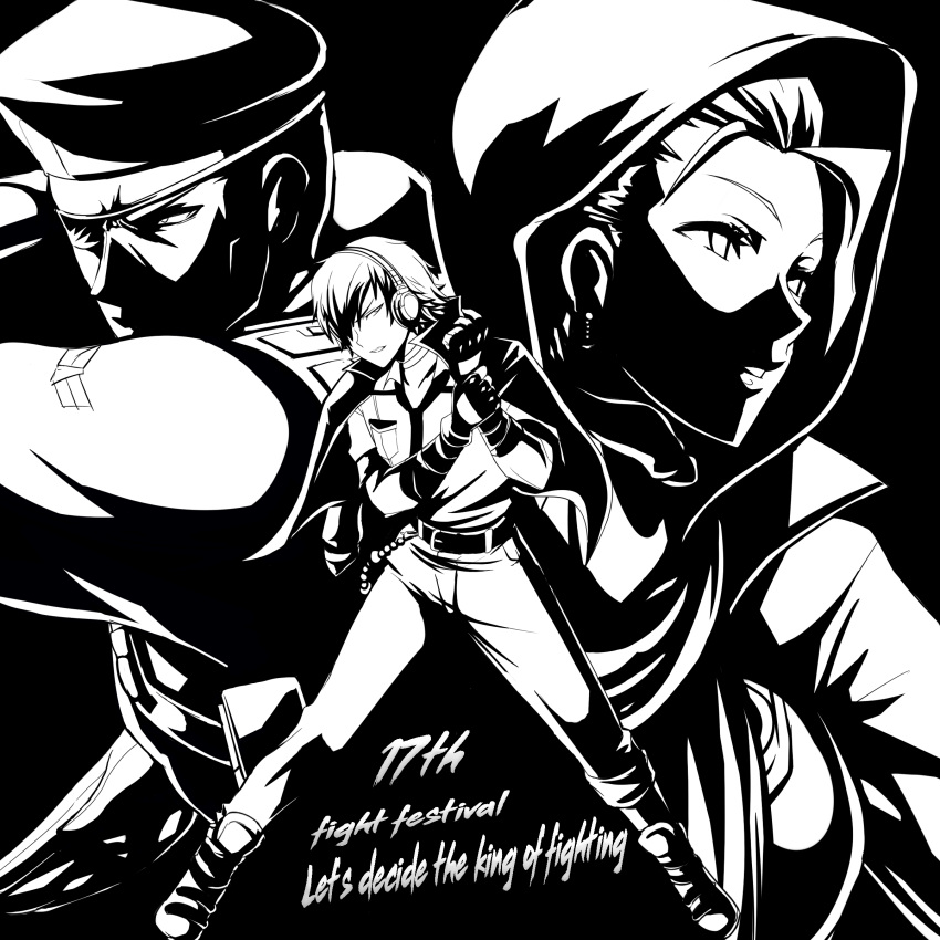 absurdres, action, earrings, english_text, eyepatch, fighting_stance, greyscale, headphones, heidern, highres, hijab, jacket, jacket_on_shoulders, jewelry, monochrome, najd, necktie, okyou, short_hair, shun'ei, the_king_of_fighters