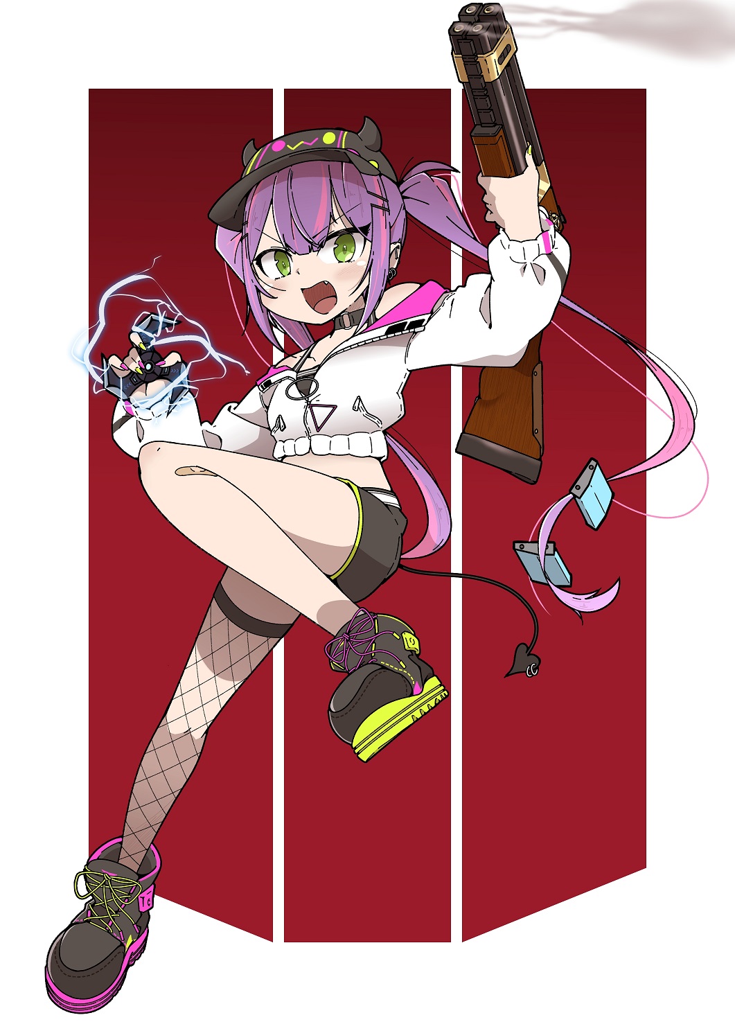 1girl, apex_legends, arc_star, bangs, baseball_cap, bibi_(tokoyami_towa), black_footwear, black_headwear, black_shorts, cropped_jacket, demon_girl, demon_tail, electricity, eyebrows_visible_through_hair, fishnet_legwear, fishnets, green_eyes, gun, hair_behind_ear, hat, highres, holding, holding_gun, holding_shuriken, holding_weapon, hololive, jacket, kuroinu_(96enu), long_hair, multicolored_hair, open_mouth, peacekeeper_(shotgun), pointy_ears, purple_hair, purple_nails, shorts, shotgun, single_thighhigh, smoke, smoking_gun, solo, streaked_hair, tail, thigh-highs, tokoyami_towa, twintails, v-shaped_eyebrows, virtual_youtuber, weapon, white_jacket, yellow_nails