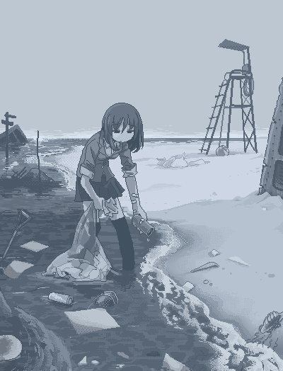 1girl, animal_request, ball, bandaid, bandaid_on_arm, beach, beachball, blazer, closed_mouth, dithering, eyebrows_visible_through_hair, half-closed_eyes, hamsterfragment, holding, holding_sack, jacket, jaggy_line, leaning_forward, lifeguard_chair, medium_hair, monochrome, ocean, original, outdoors, over-kneehighs, paper, picking_trash, sack, school_uniform, shore, skirt, sleeves_rolled_up, solo, suicidal_girl_(hamsterfragment), thigh-highs, trash, water