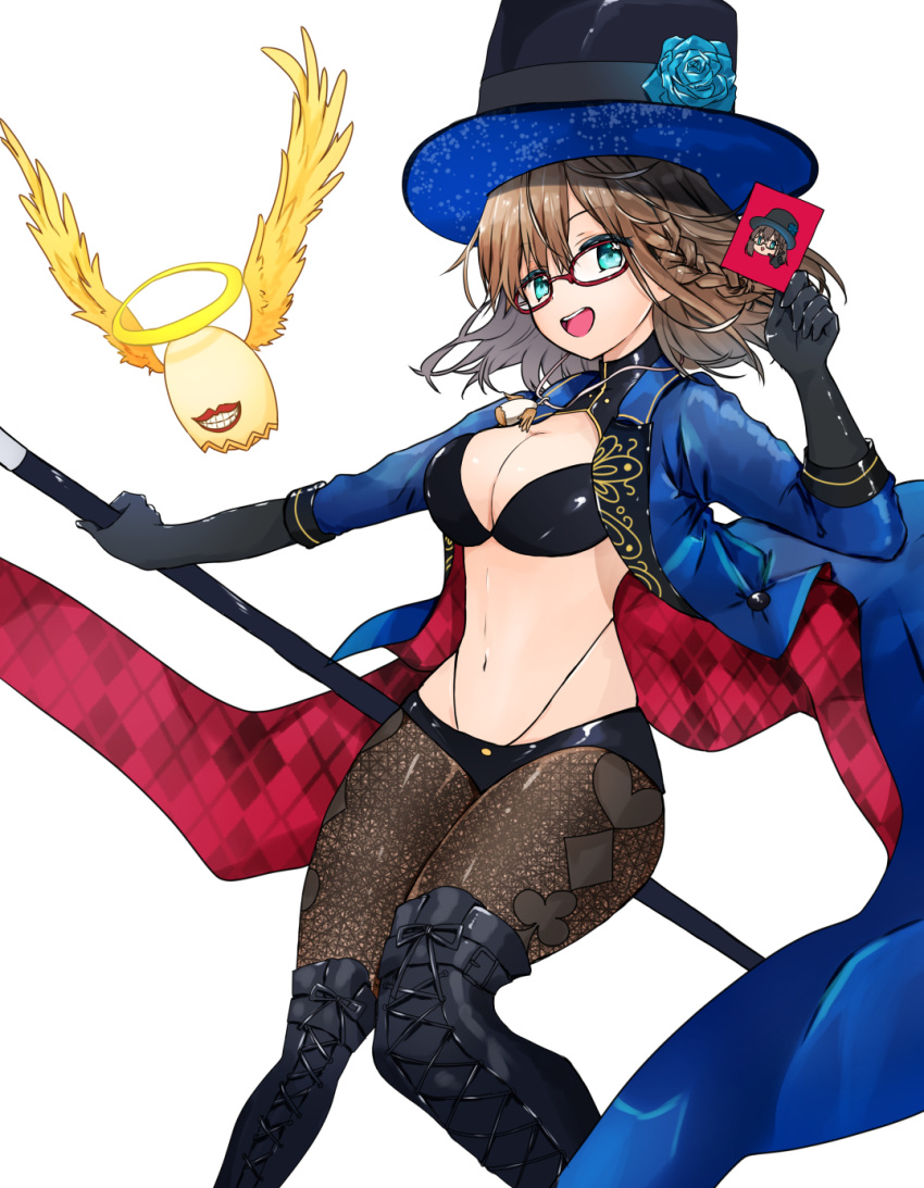 1girl, ameshiki, bangs, bikini, black_bikini, black_gloves, black_headwear, blue_coat, braid, breasts, brown_hair, brown_legwear, card, charlotte_corday_(fate), charlotte_corday_(swimsuit_caster)_(fate), coat, elbow_gloves, fate/grand_order, fate_(series), glasses, gloves, green_eyes, hat, highres, jewelry, large_breasts, long_sleeves, looking_at_viewer, navel, necklace, open_clothes, open_coat, open_mouth, pantyhose, short_hair, side_braid, smile, swimsuit, thighs, top_hat, wand
