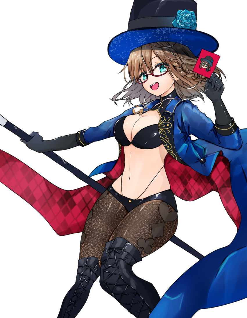 1girl, ameshiki, bangs, bikini, black_bikini, black_gloves, black_headwear, blue_coat