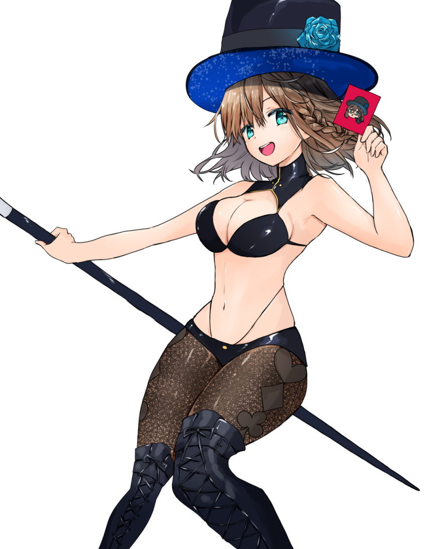 1girl, ameshiki, bangs, bare_shoulders, bikini, black_bikini, black_headwear, braid