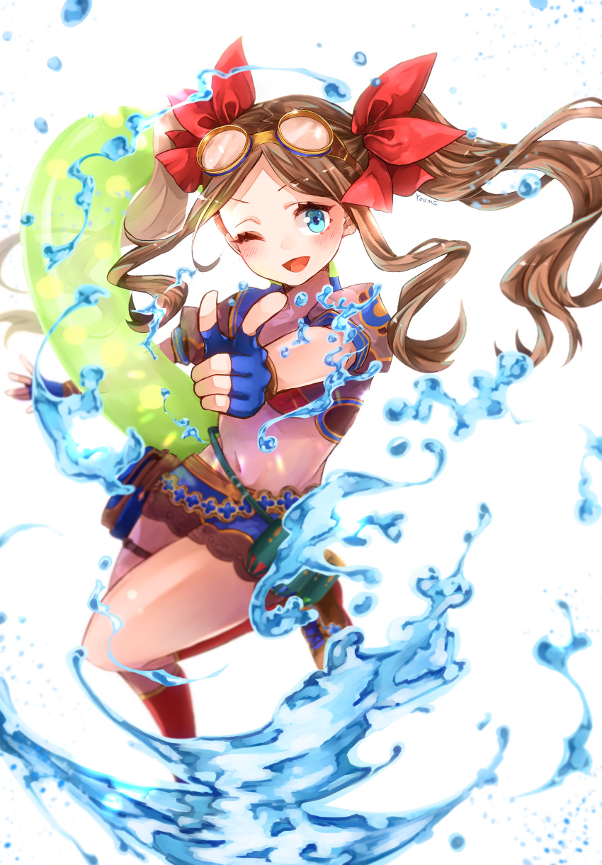 1girl, absurdres, bangs, bikini, bikini_top, blue_eyes, blue_shorts, blush, breasts, brown_gloves, brown_hair, collarbone, fate/grand_order, fate_(series), fingerless_gloves, forehead, gloves, goggles, hair_ribbon, highres, innertube, jewelry, leonardo_da_vinci_(fate), leonardo_da_vinci_(swimsuit_ruler)_(fate), long_hair, looking_at_viewer, mumu_yu_mu, necklace, one_eye_closed, open_mouth, parted_bangs, pointing, pointing_at_viewer, puffy_short_sleeves, puffy_sleeves, red_bikini, red_ribbon, ribbon, short_shorts, short_sleeves, shorts, shrug_(clothing), sidelocks, small_breasts, smile, swimsuit, thighs, twintails, water