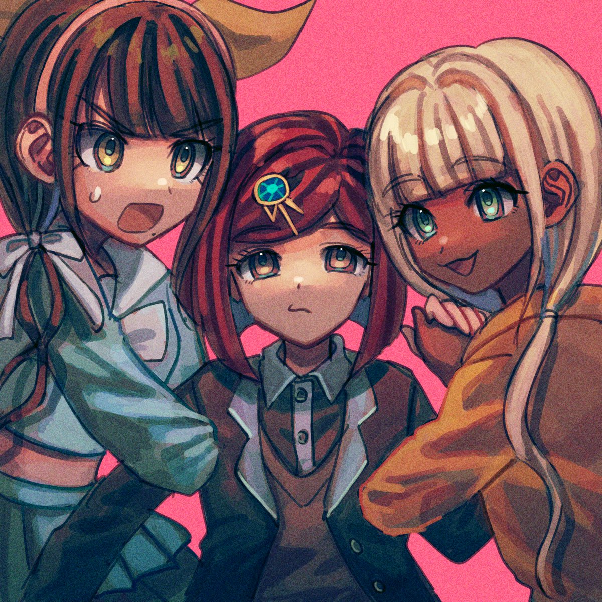 3girls, :d, arm_hug, bangs, black_hair, black_jacket, black_shirt, blonde_hair, blue_shirt, blunt_bangs, brown_eyes, brown_hair, chabashira_tenko, collared_shirt, danganronpa_(series), danganronpa_v3:_killing_harmony, dress_shirt, esu_(tasoesu), eyebrows_visible_through_hair, gem, grey_shirt, hair_intakes, hair_ornament, hair_ribbon, hairband, highres, jacket, layered_skirt, long_hair, midriff, mole, mole_under_mouth, multiple_girls, open_clothes, open_jacket, open_mouth, orange_jacket, pink_background, pink_hairband, pleated_skirt, red_eyes, redhead, ribbon, school_uniform, serafuku, shiny, shiny_hair, shirt, short_hair, simple_background, skirt, smile, twintails, two-tone_shirt, v-shaped_eyebrows, yonaga_angie, yumeno_himiko