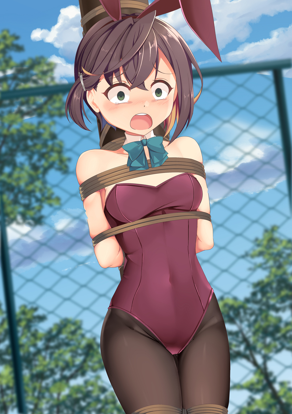 1girl, adapted_costume, animal_ears, aqua_neckwear, black_hair, black_legwear, blue_sky, bow