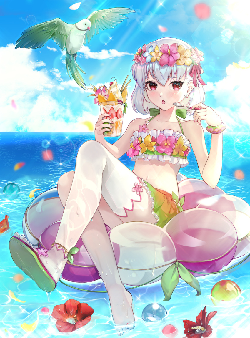 1girl, bangs, bare_shoulders, beach, bikini, bird, blue_sky, blush, breasts, collarbone, commentary, dessert, detached_leggings, fate/grand_order, fate_(series), flower_wreath, food, fruit, green_bikini, hair_ribbon, head_wreath, highres, innertube, kama_(fate), kama_(swimsuit_avenger)_(fate), looking_at_viewer, mentaikopan, miniskirt, navel, ocean, open_mouth, parakeet, parfait, petals, rainbow_skirt, red_eyes, ribbon, sandals, short_hair, silver_hair, sitting, skirt, sky, small_breasts, spoon, swimsuit, thighs, whipped_cream, white_legwear