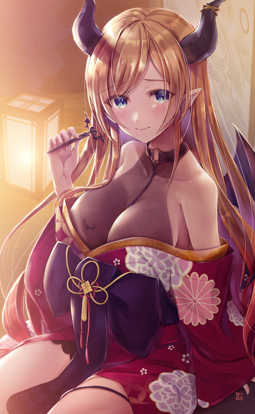 1girl, absurdres, alternate_costume, artist_logo, asa_no_ha_(pattern), bangs, bat_tattoo, between_breasts