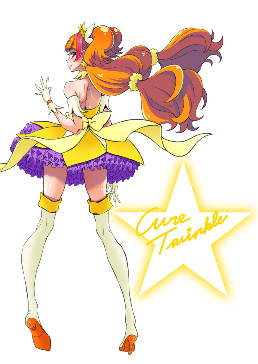1girl, absurdres, amanogawa_kirara, bare_shoulders, blush, boots, brown_hair, character_name
