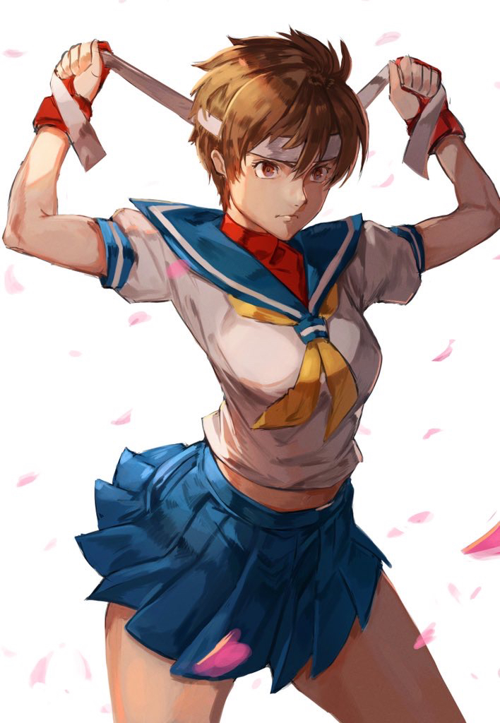 1girl, ahoge, bare_legs, blue_sailor_collar, brown_eyes, brown_hair, cherry_blossoms, clenched_hands
