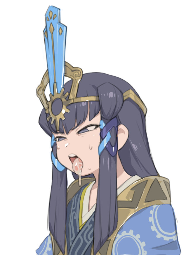 1girl, black_eyes, black_hair, disgust, hair_tubes, hatena_sanko, headpiece, japanese_clothes