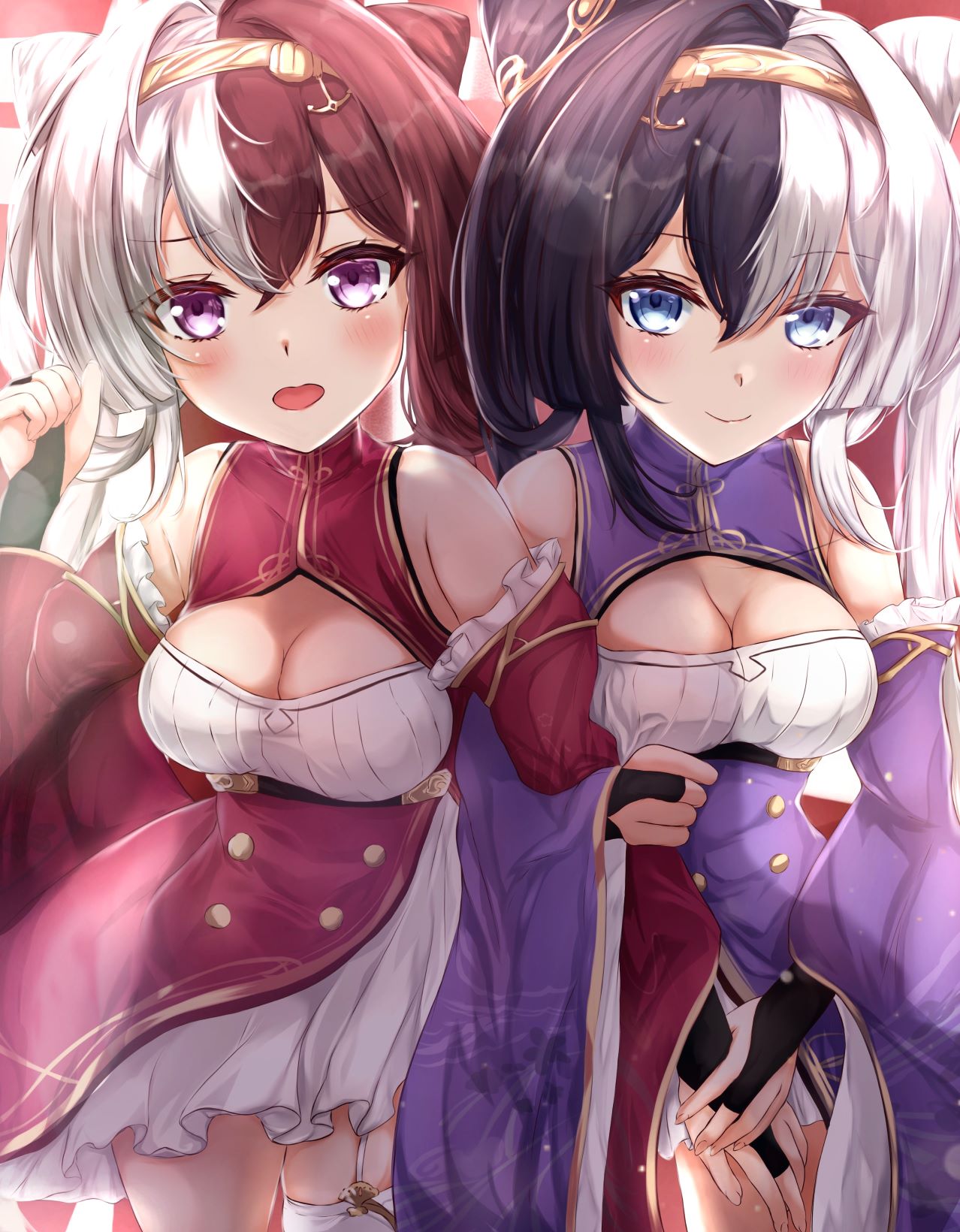 2girls, azur_lane, bare_shoulders, black_gloves, blue_eyes, breasts, bridal_gauntlets, chao_ho_(azur_lane)