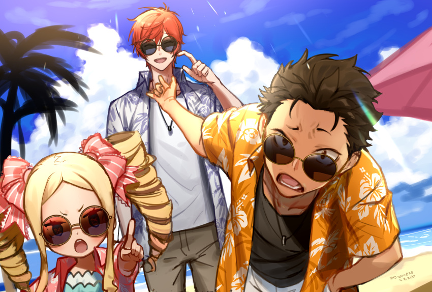 beach, beatrice_(re:zero), black_hair, blonde_hair, clouds, drill_hair, hair_ornament, hair_slicked_back