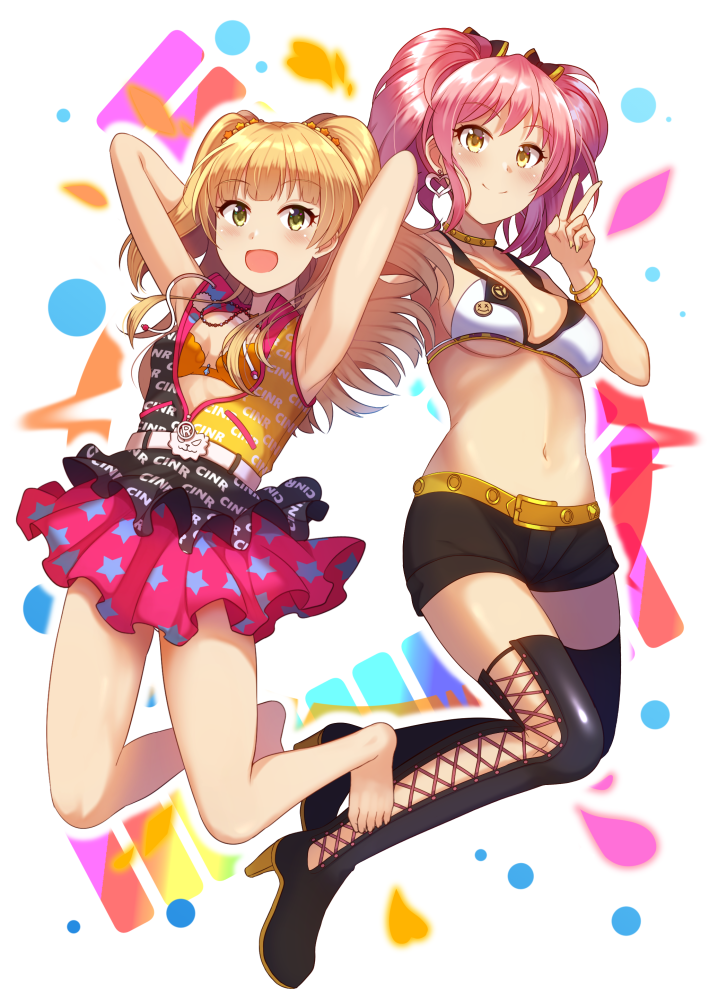 2girls, armpits, arms_up, bangs, barefoot, belt, belt_buckle, bikini