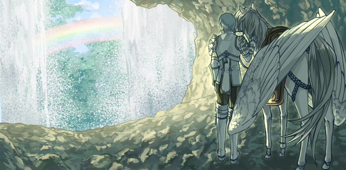1boy, aqua_hair, armor, black_pants, blue_sky, boots, bracer, breastplate, cave, clouds, commentary_request, dated_commentary, day, elbow_gloves, fire_emblem, fire_emblem_fates, from_behind, gloves, gorget, harusame_(rueken), male_focus, outdoors, pants, pegasus, pegasus_knight_uniform_(fire_emblem), rainbow, reins, rock, saddle, shigure_(fire_emblem), short_hair, shoulder_armor, sidelocks, sky, solo, splashing, standing, thigh-highs, thigh_boots, tree, water, waterfall, white_armor, white_footwear, white_gloves, white_sleeves, wide_shot