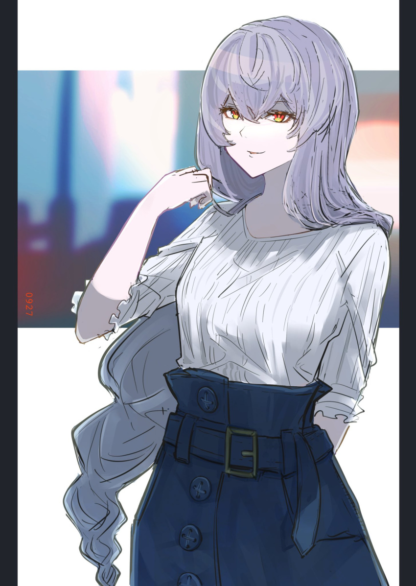 1girl, alternate_costume, arknights, arm_behind_back, bangs, braid, casual, commentary_request, highres, holding, holding_hair, long_hair, miyashitagutei, orange_eyes, parted_lips, silver_hair, sleeves_past_elbows, smile, solo, specter_(arknights), very_long_hair