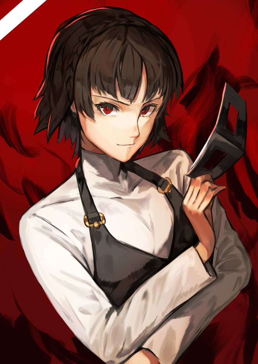 1girl, absurdres, braid, brown_hair, eyebrows_visible_through_hair, highres, long_sleeves, looking_at_viewer, mask, nasubin_(user_tjyp5584), niijima_makoto, persona, persona_5, plaid, red_background, red_eyes, school_uniform, short_hair, simple_background, skirt, solo, sweater, turtleneck, turtleneck_sweater, upper_body, white_background