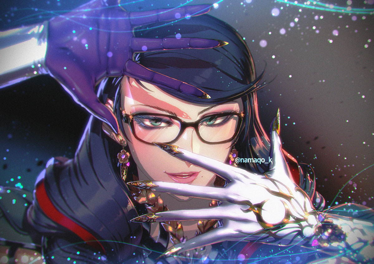 1girl, bayonetta, bayonetta_(series), bayonetta_3, black_hair, braid, clothing_cutout, earrings, eyeshadow, glasses, gloves, jewelry, kara_namako, lipstick, long_hair, looking_at_viewer, makeup, mole, mole_under_mouth, multicolored_hair, redhead, ribbon, simple_background, smile, solo, streaked_hair, twin_braids