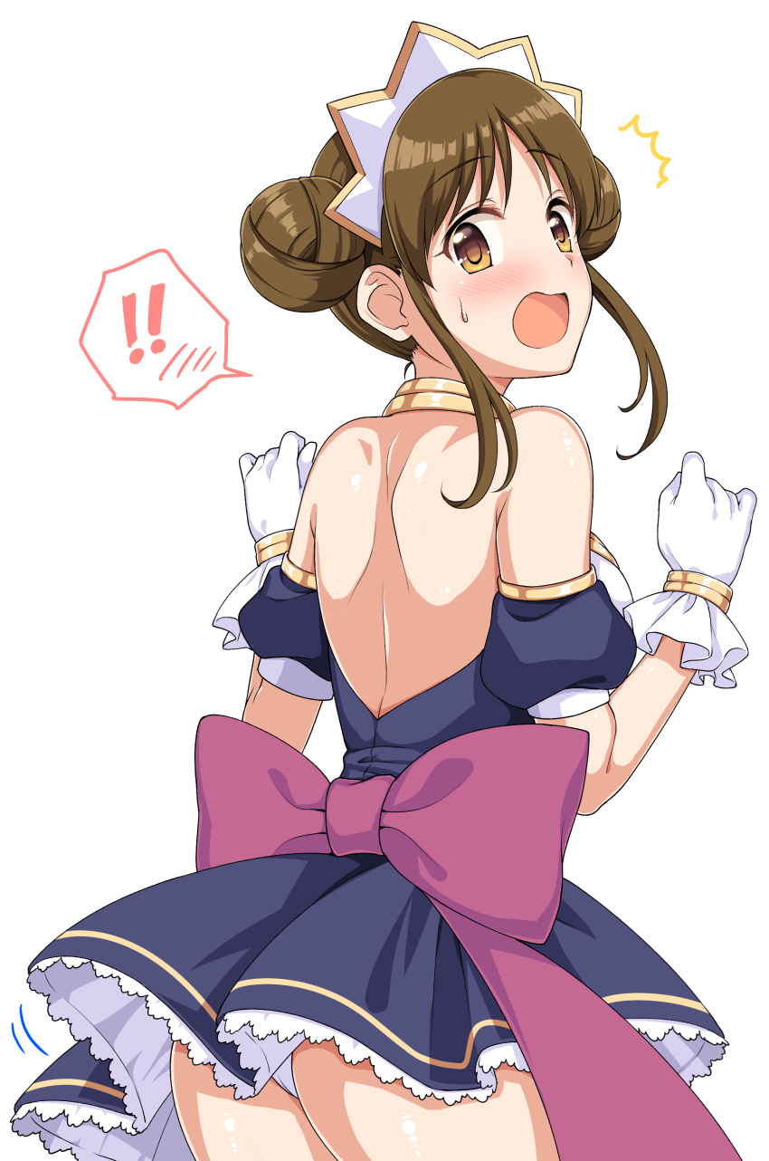 !, !!, 1girl, absurdres, ass, bare_back, blush, breasts, brown_eyes, brown_hair, double_bun, gloves, highres, large_breasts, looking_back, maid, maid_headdress, open_mouth, panties, princess_connect!, simple_background, solo, suzume_(princess_connect!), sweatdrop, underwear, white_background, yue_(show-ei)