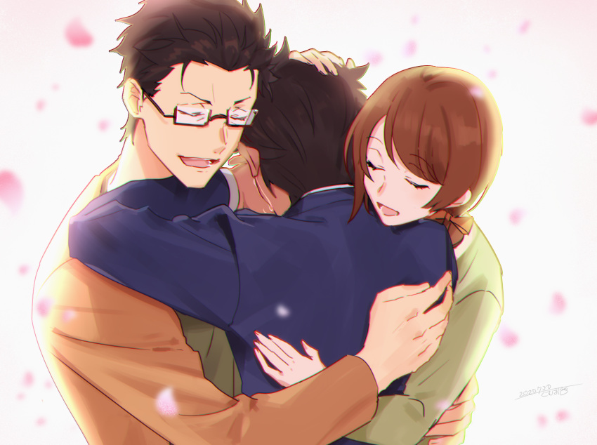 black_hair, brown_hair, closed_eyes, crying, family, glasses, hair_slicked_back, highres