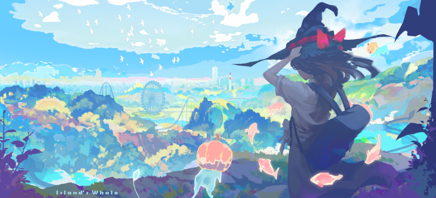 1girl, backpack, bag, bow, brown_hair, clouds, ferris_wheel, from_behind, halloween, hands_on_headwear, hat, hat_bow, highres, ice_(805482263), long_hair, original, outdoors, red_bow, scenery, shirt, short_sleeves, solo, white_shirt, witch_hat