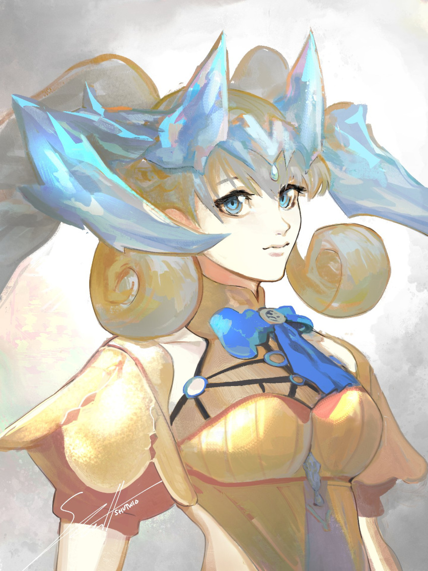 1girl, blue_eyes, braid, breasts, cape, crown_braid, curly_hair, dress