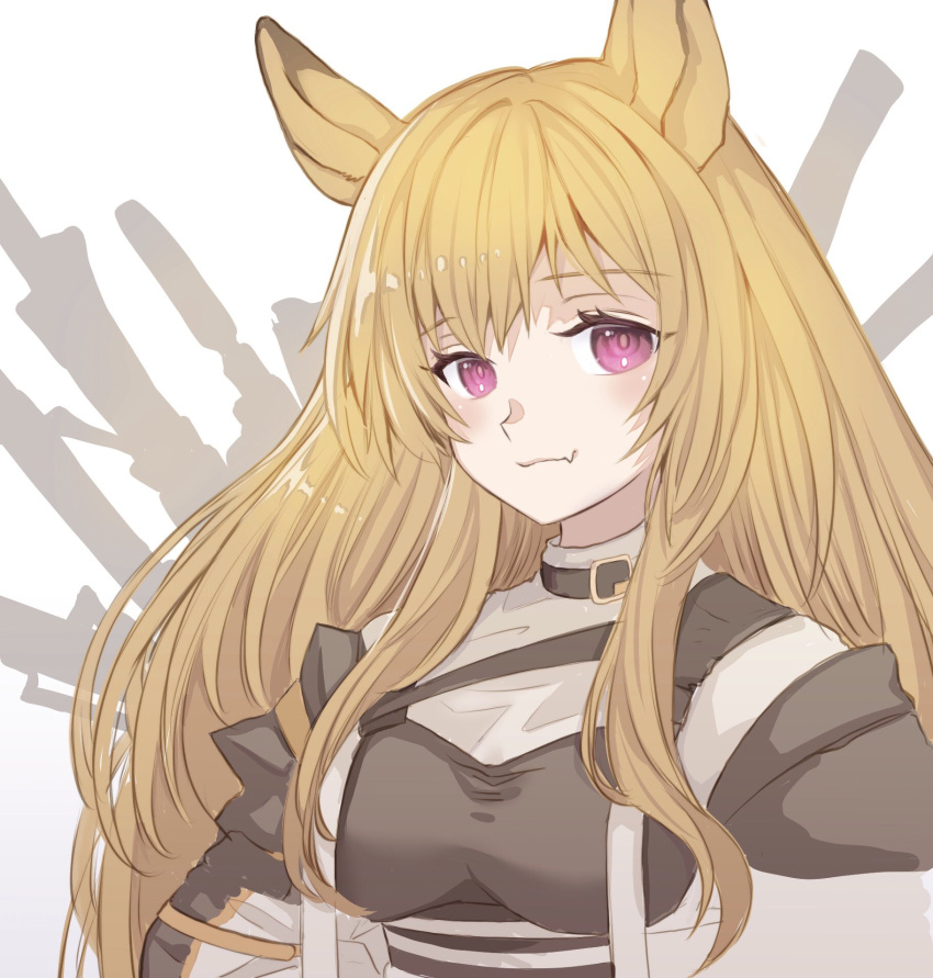1girl, animal_ears, arknights, bangs, blush, breasts, brown_hair, ceobe_(arknights), dog_ears, dog_girl, eyebrows_visible_through_hair, fang, highres, long_hair, long_sleeves, skin_fang, solo, upper_body, vhdtyzusixc7fai, violet_eyes, white_background