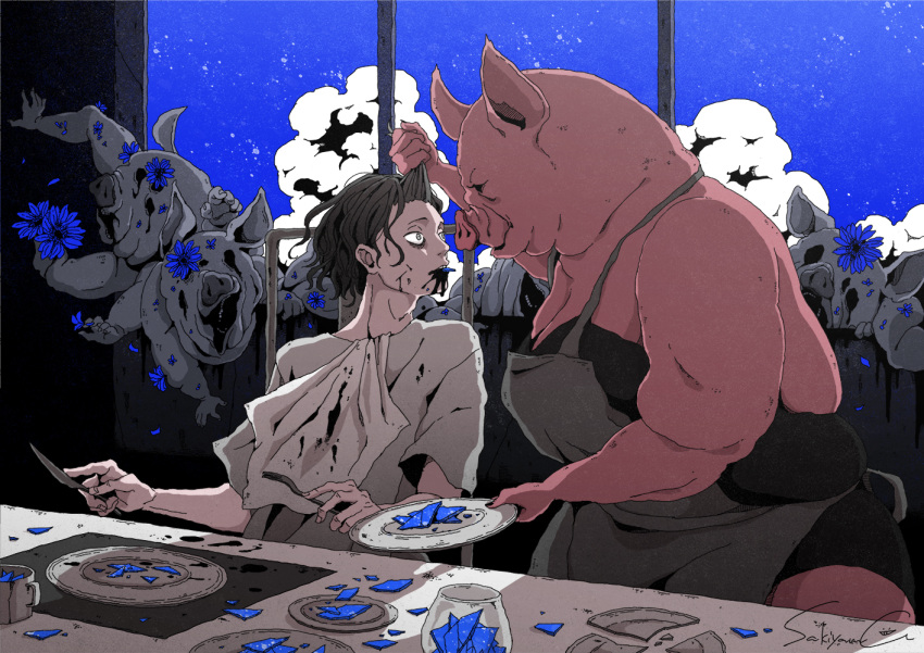 1boy, apron, blood, blood_from_mouth, eating, glass, horror_(theme), night, original, pig_head, pig_man, sakiyama8ma, scared, short_hair, surreal, window