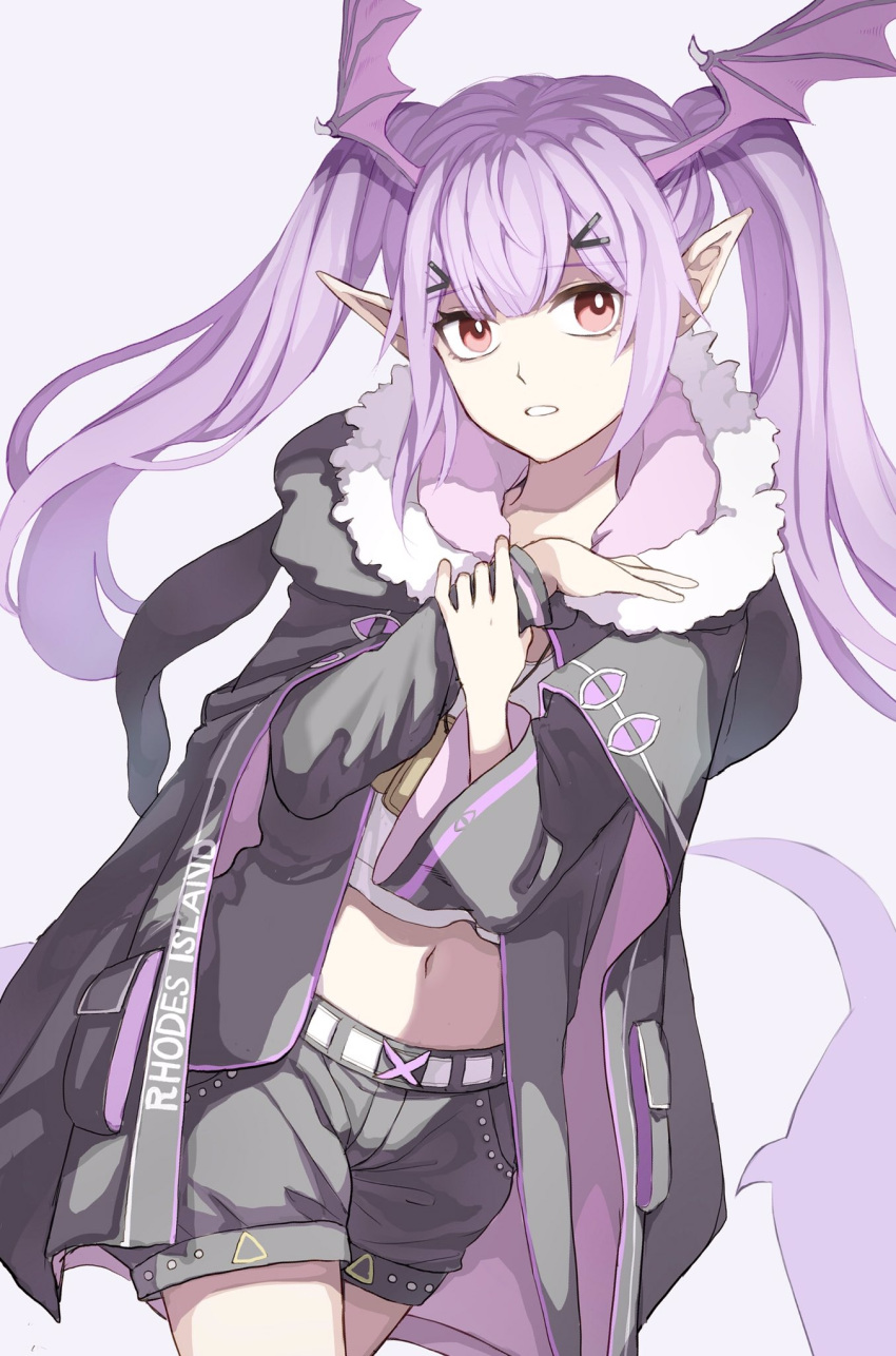 1girl, arknights, bangs, cloak, commentary, fur-trimmed_cloak, fur_trim, hair_ornament, hairclip, head_wings, highres, jacket, long_hair, manticore_(arknights), navel, orange_eyes, parted_lips, pointy_ears, purple_hair, shorts, solo, twintails, vhdtyzusixc7fai