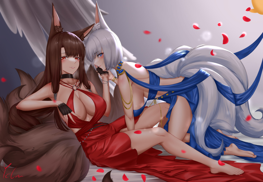 2girls, absurdres, akagi_(azur_lane), akagi_(blushing_intoxication)_(azur_lane), all_fours, animal_ear_fluff, azur_lane, bare_shoulders