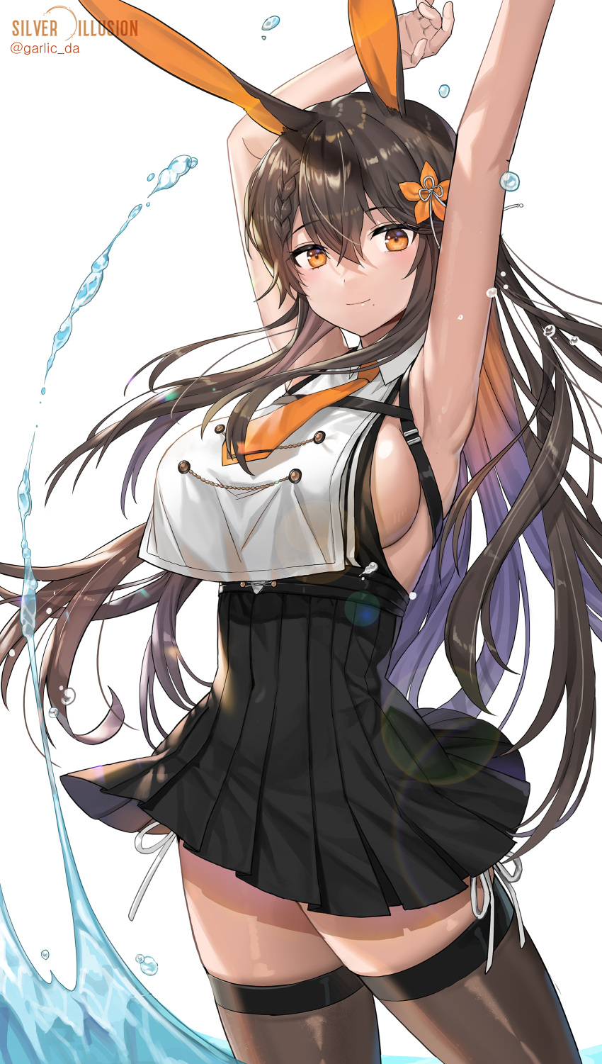 1girl, absurdres, animal_ears, armpits, arms_up, azur_lane, bare_arms, bare_shoulders, black_dress, black_hair, braid, breasts, brown_legwear, chikuma_(azur_lane), colored_inner_hair, dress, flower, hair_flower, hair_ornament, highres, jaeyun, large_breasts, long_hair, looking_at_viewer, mole, mole_under_mouth, multicolored_hair, necktie, orange_eyes, pleated_dress, rabbit_ears, short_necktie, side-tie_peek, sideboob, simple_background, sleeveless, sleeveless_dress, smile, solo, thigh-highs, very_long_hair, water, white_background, wing_collar, zettai_ryouiki
