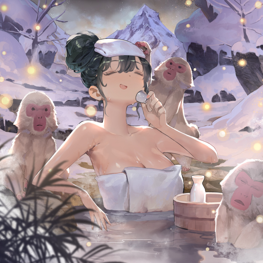 1girl, :d, absurdres, arm_rest, bangs, bare_tree, blurry, blurry_foreground, bottle, breasts, closed_eyes, commentary, cup, english_commentary, fireflies, green_hair, hair_bun, highres, holding, holding_cup, japanese_macaque, jung_wonjo, monkey, naked_towel, onsen, open_mouth, original, outdoors, partially_submerged, plant, smile, snow, solo, towel, towel_on_head, tree, water, wet