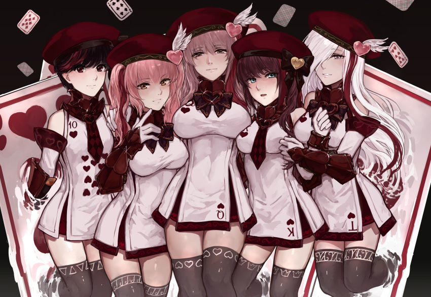 5girls, argyle_neckwear, bangs, beret, black_background, black_hair, black_legwear, blue_eyes