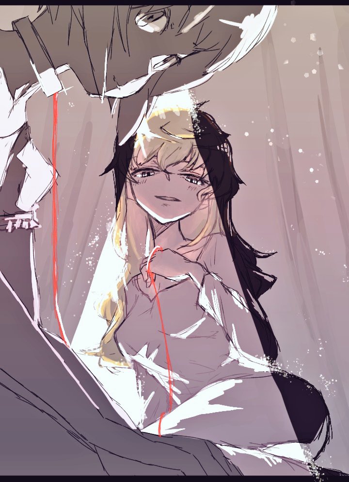 2girls, bed, blonde_eyelashes, blonde_hair, breasts, collar, colored_eyelashes, commentary_request