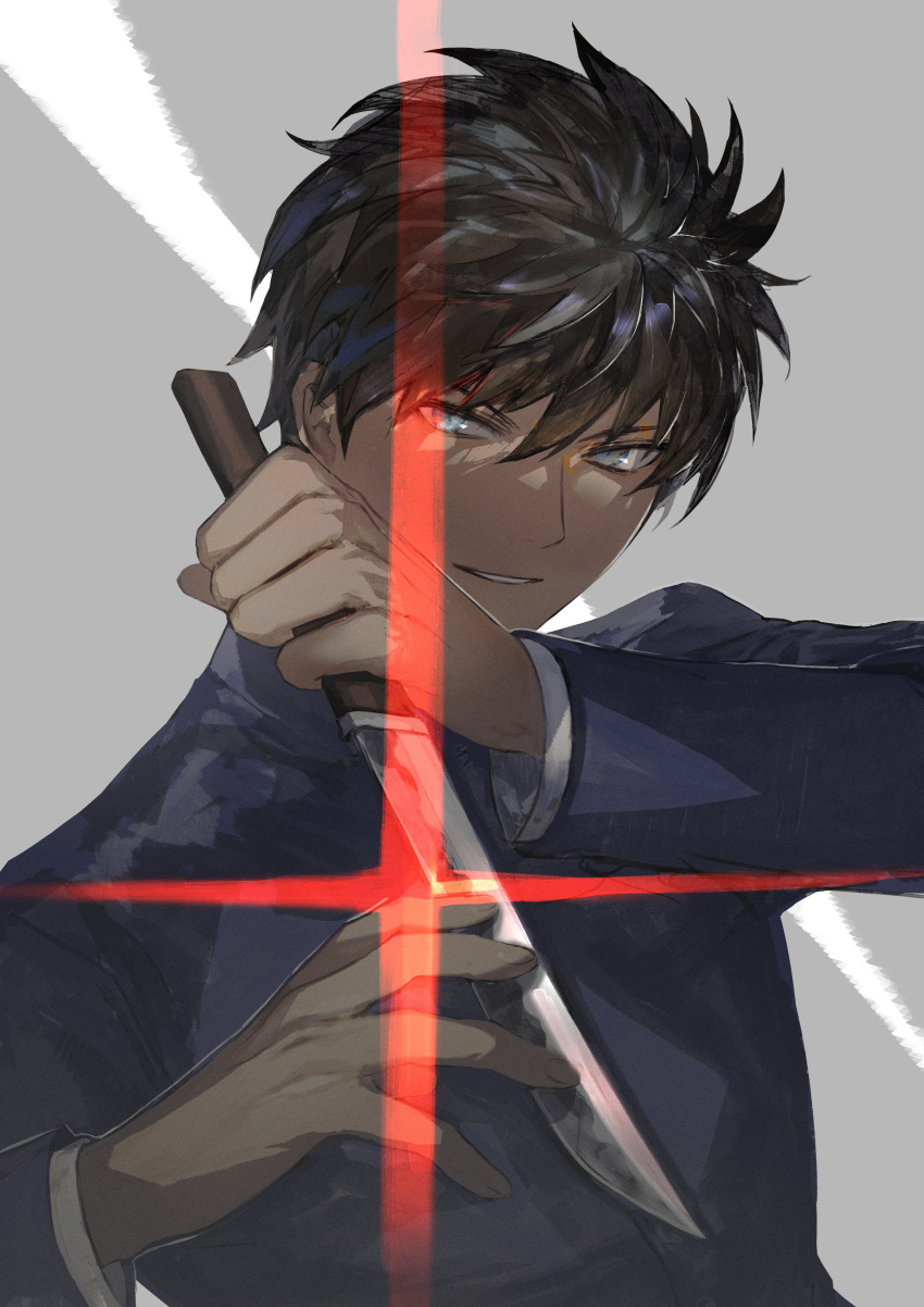 1boy, absurdres, bangs, black_hair, blue_eyes, blue_jacket, gakuran, grey_background