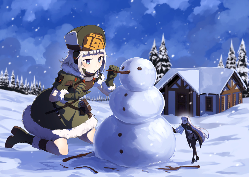 2girls, absurdres, ak-alfa_(girls'_frontline), bangs, black_legwear, blue_eyes, blunt_bangs, boots