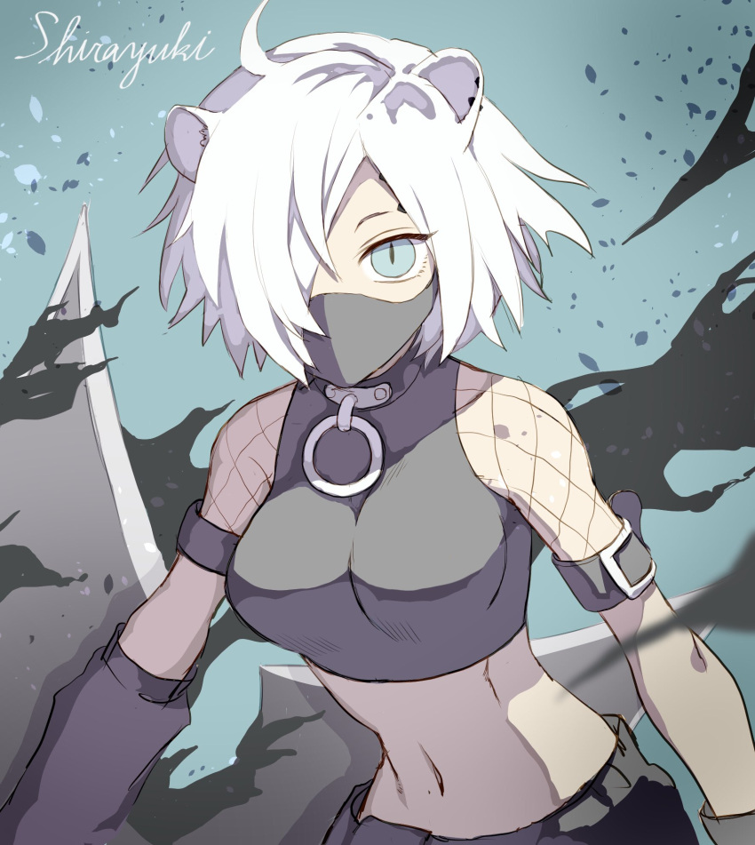 1girl, animal_ears, arknights, bangs, bare_shoulders, black_mask, crop_top, fishnets