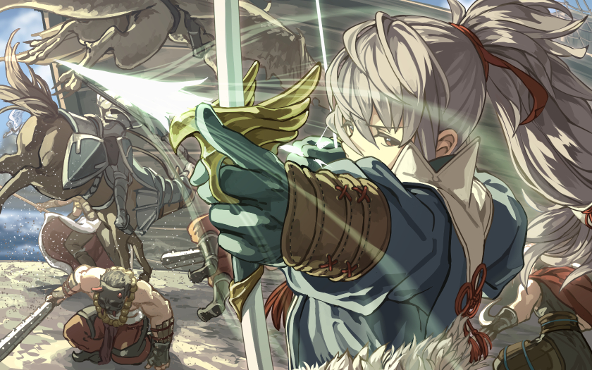 2others, 3boys, aiming, ambiguous_gender, animal, archery, armor, arrow_(projectile)
