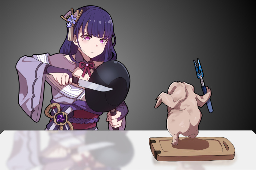 1girl, bangs, blush, bridal_gauntlets, chicken_(food), closed_mouth, food, genshin_impact