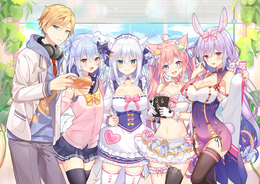 2boys, 3girls, ahoge, animal_ear_fluff, animal_ears, anniversary, bangs, bare_shoulders